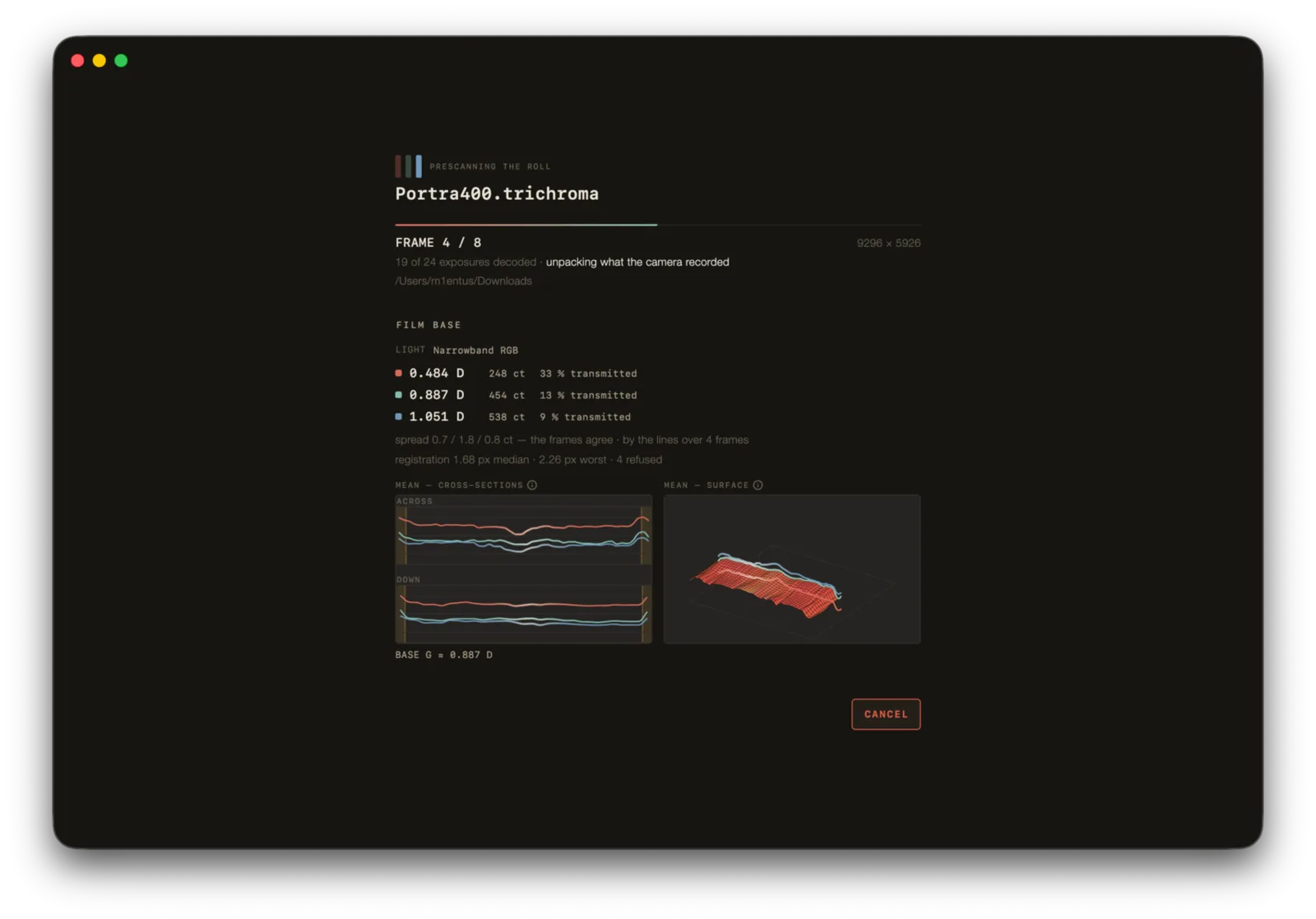 The prescan screen showing film base per channel, frame agreement, registration and two views of the light.
