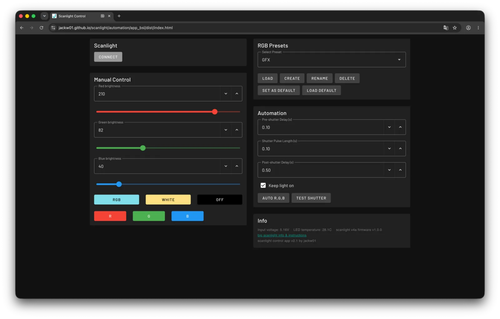 The scanlight control app, with red, green and blue brightness set separately.