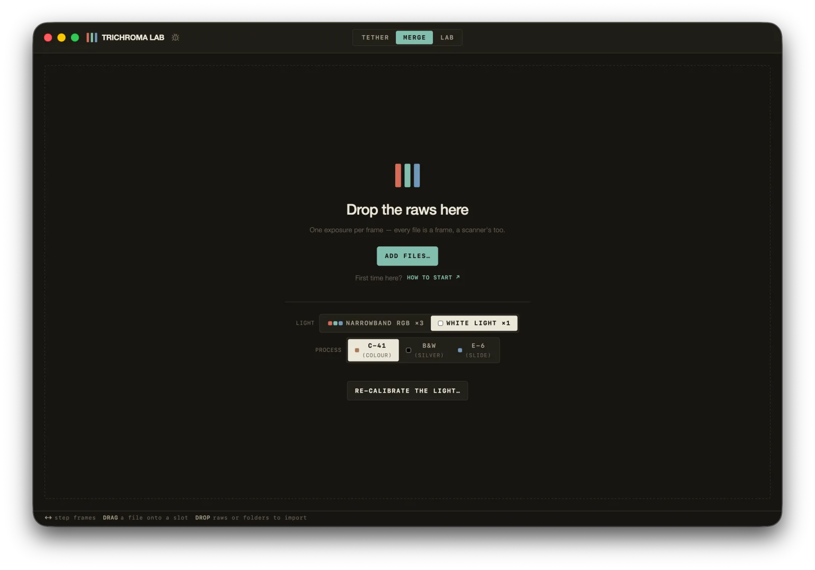 The empty MERGE screen with LIGHT set to WHITE LIGHT ×1.
