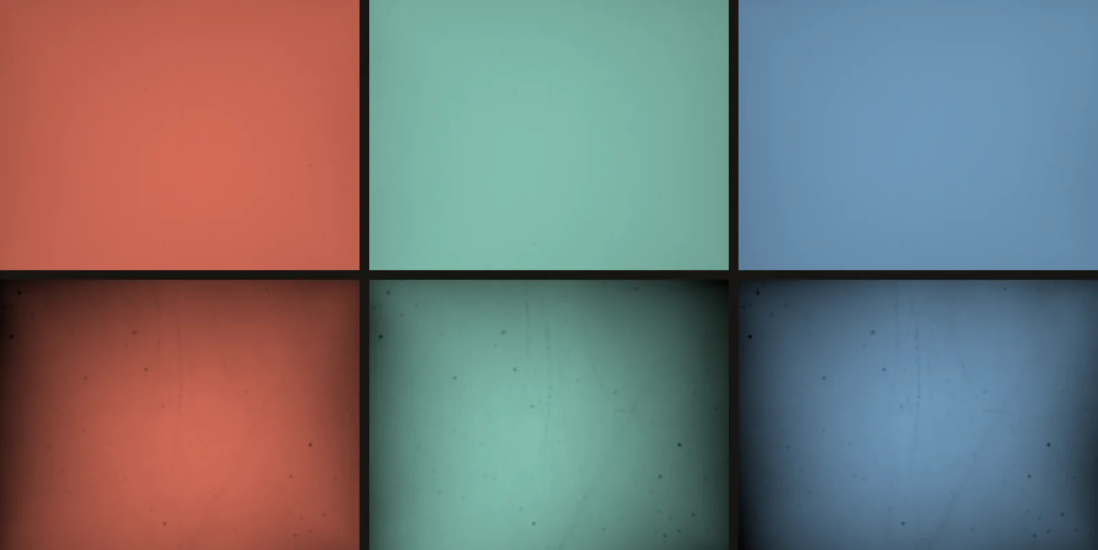 Six panels: three near-uniform red, green and blue fields, and the same three stretched hard to reveal falloff and dust.