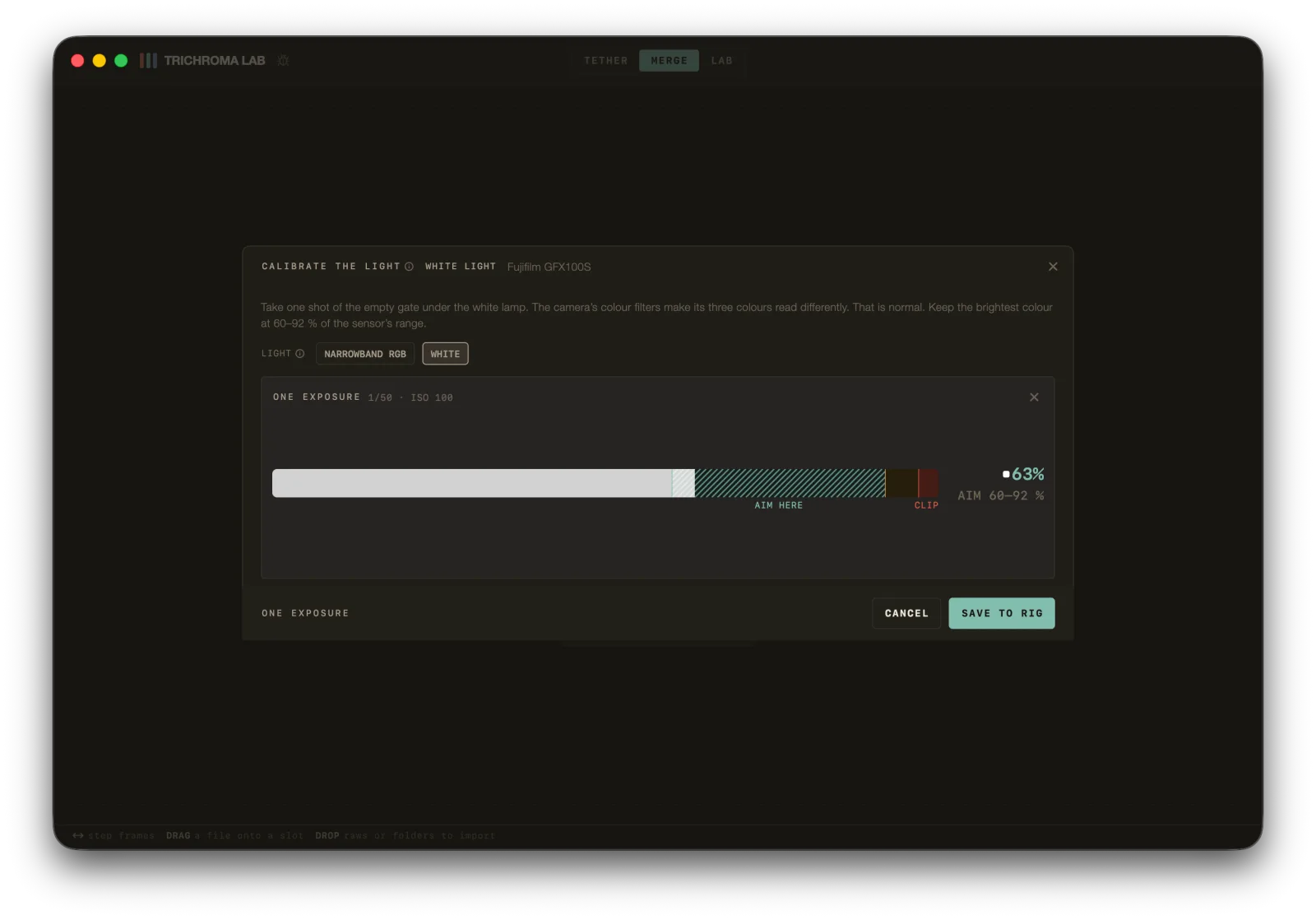 The calibrate sheet on WHITE with one exposure read: a bar ending inside the hatched AIM HERE window, 63 % beside it, AIM 60–92 % under it.