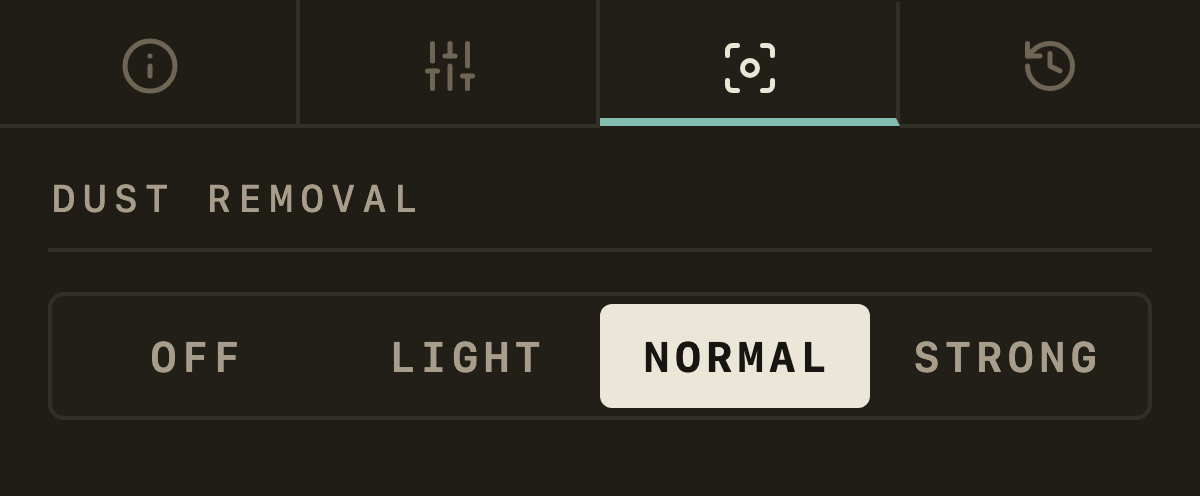 LAB's left rail with its third tab, a viewfinder, chosen, and under it DUST REMOVAL with OFF, LIGHT, NORMAL and STRONG.