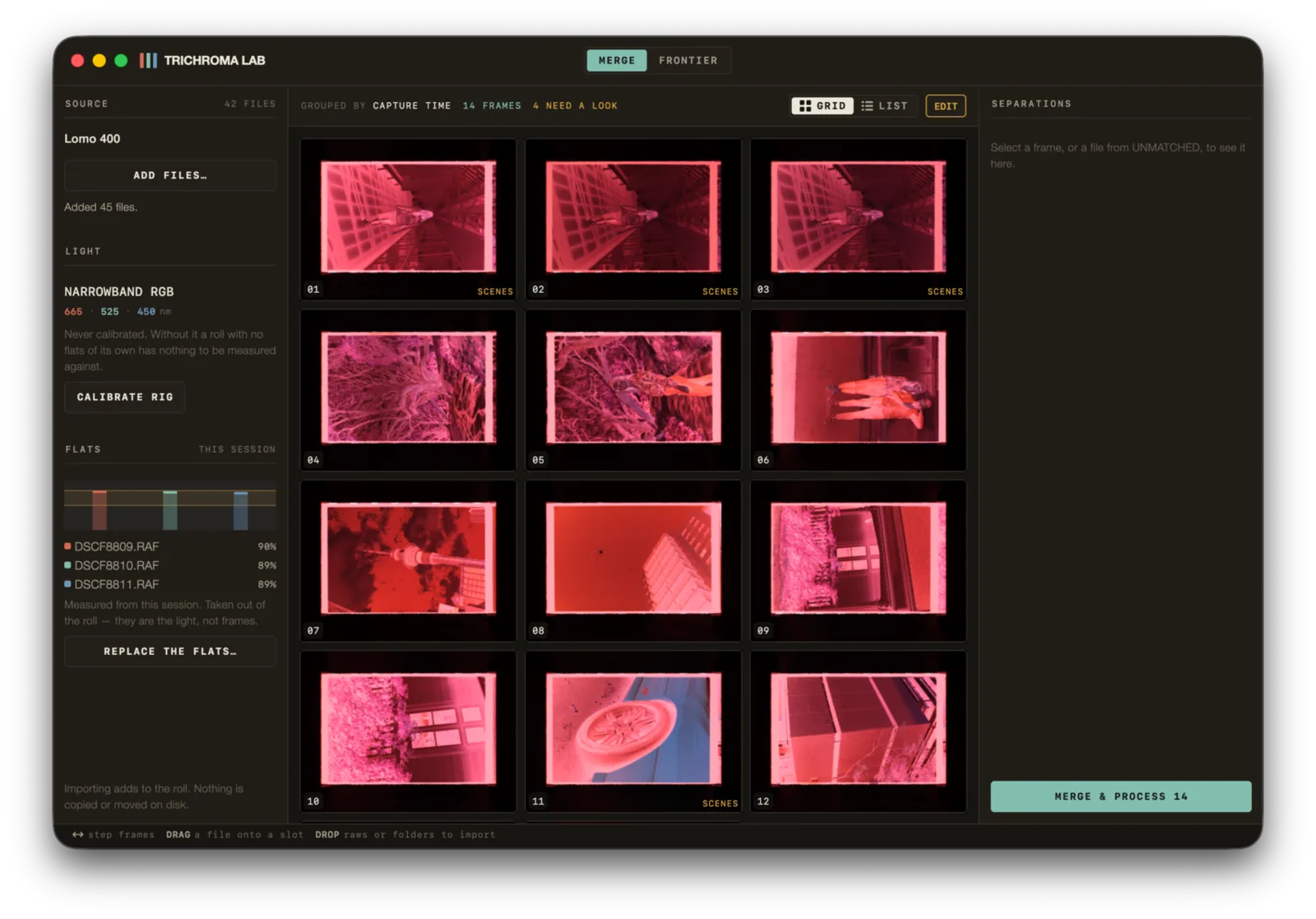 The MERGE screen with a roll imported: frames as a grid, flats in the left rail, separations on the right.